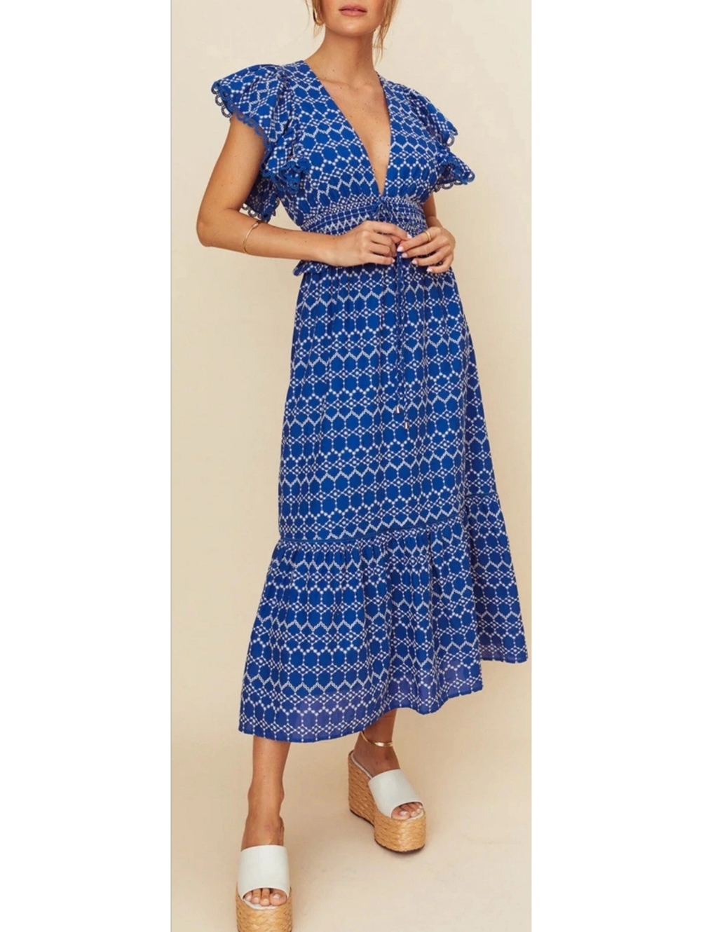 Anthropologie O.P.T. Maxi Garden Dress Sz S Blue Eyelet Embroidered Cotton